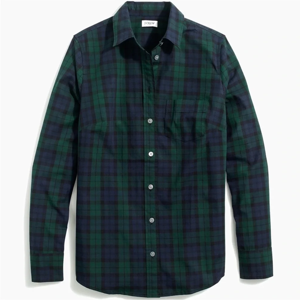 J Crew Classic Fit Blackwatch Pattern Secret Wash Organic Poplin Shirt XL Green